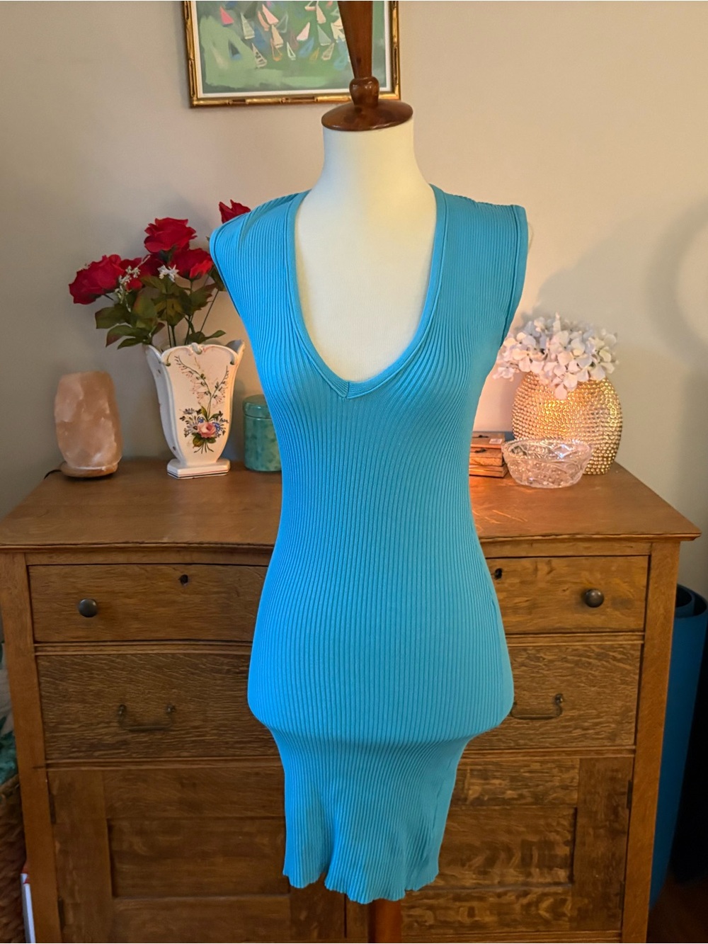 Turquoise Ribbed Knit Sleeveless Dress immodel M